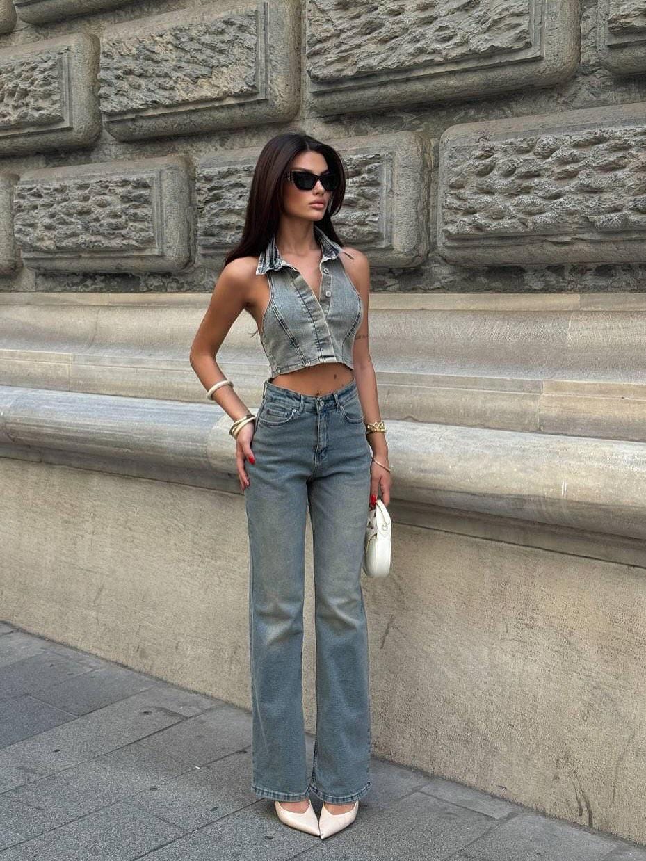 Denim Halter Crop Top & High-Rise Straight-Leg Jeans Set