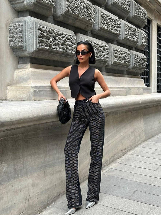 Patterned High-Rise Straight-Leg Trousers