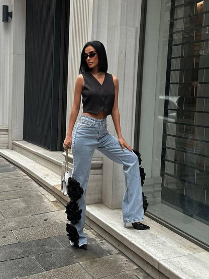 Floral Sculpt Wide-Leg Denim Jeans