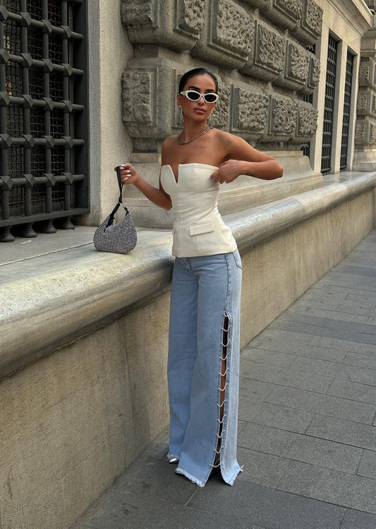 Lace-Up Statement Wide-Leg Denim